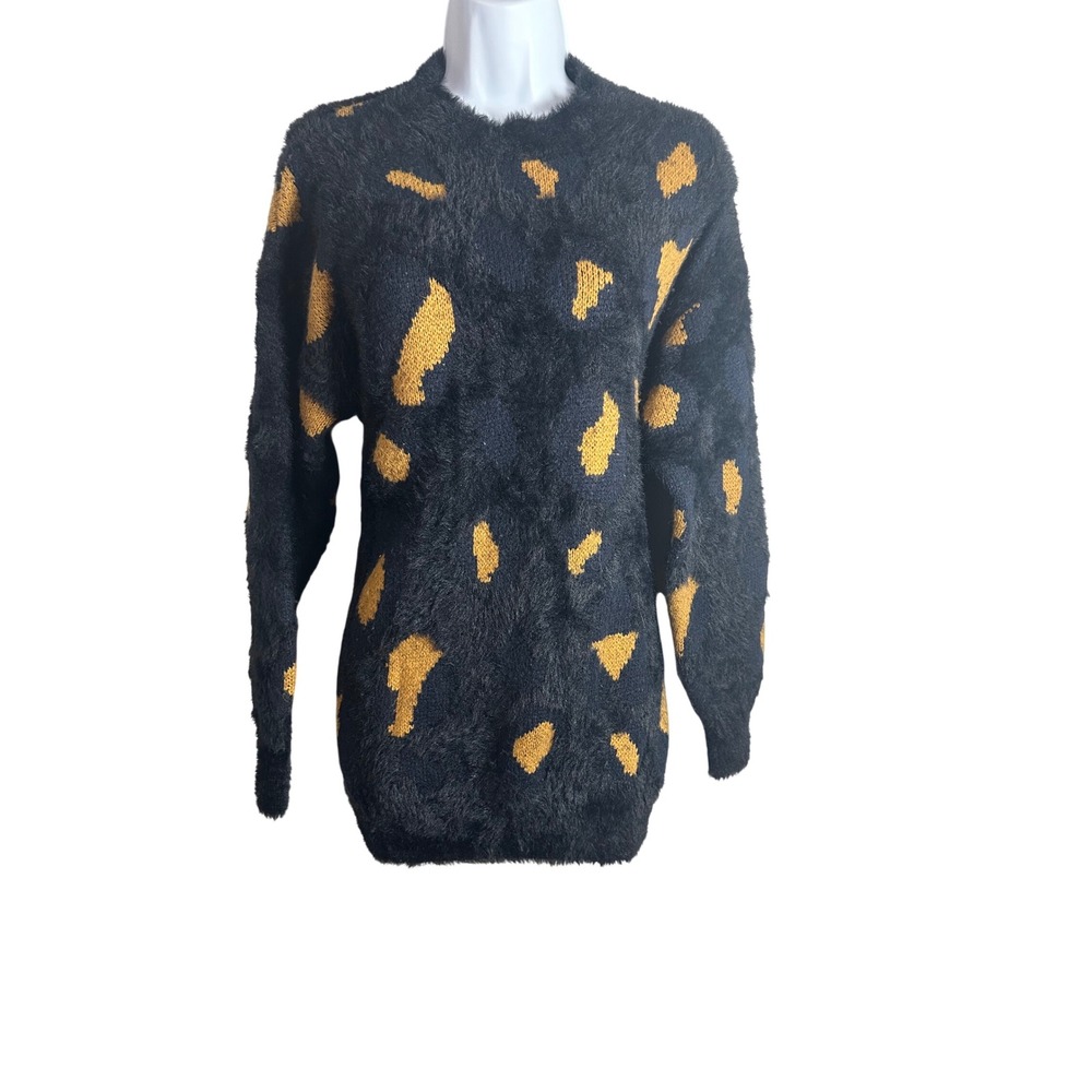 THML Womens Black Mustard Yellow Leopard Fuzzy Eyelash Knit Sweater S TMK876